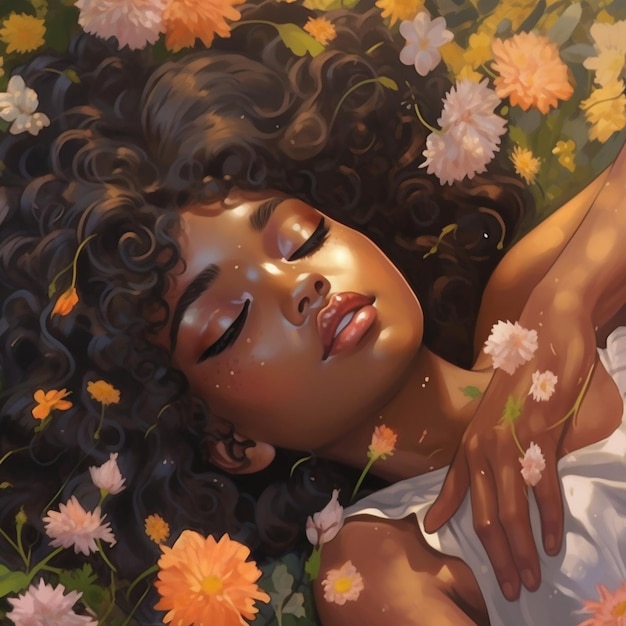 peinture d'une femme allongée dans un champ de fleurs avec les yeux fermés