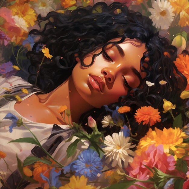 peinture d'une femme allongée dans un lit de fleurs