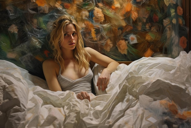 Une peinture d'une femme allongée dans son lit avec une peinture de fleurs sur le mur.