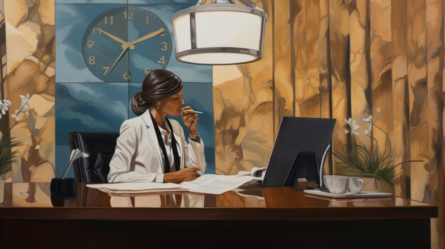 Photo une peinture d'une femme assise à un bureau dans un bureau