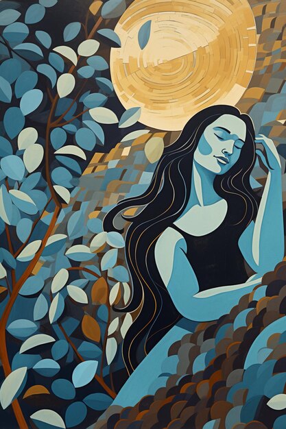 peinture d'une femme assise sur une colline avec une pleine lune en arrière-plan