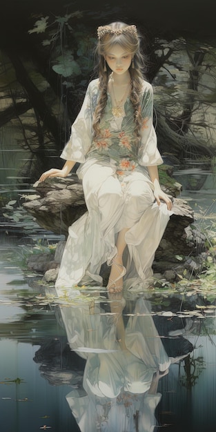 Photo une peinture d'une femme assise dans l'eau avec une branche d'arbre en arrière-plan
