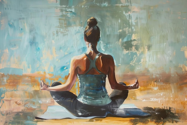 Une peinture d'une femme assise dans une position de yoga