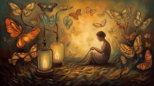 Une peinture d'une femme assise devant une lampe avec des papillons dessus.