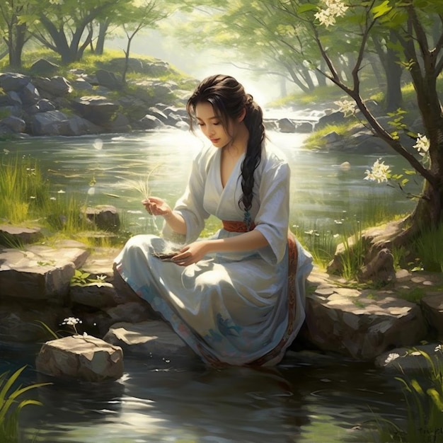 Peinture d'une femme assise sur un rocher dans une rivière ai générative