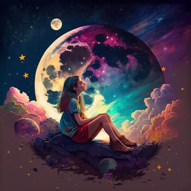 Peinture d'une femme assise sur un rocher regardant la lune générative ai