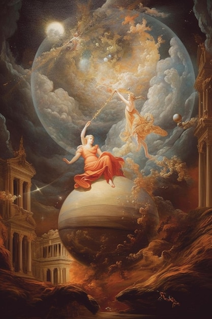 Peinture d'une femme assise sur une sphère avec un fond de ciel ai générative
