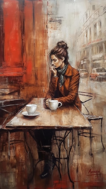 Peinture d'une femme assise sur une table au café parisien AI générative