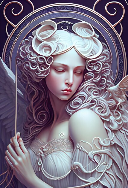 peinture d'une femme aux cheveux blancs et aux ailes d'ange tenant un bâton ai générative