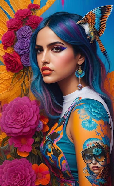 Photo une peinture d'une femme aux cheveux bleus et aux fleurs