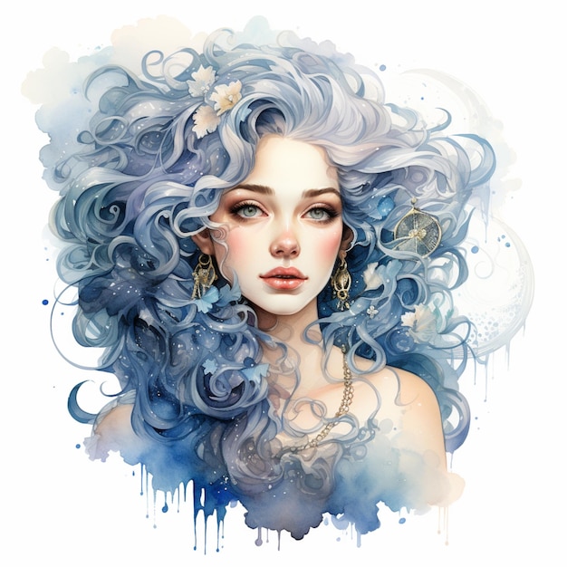 Peinture d'une femme aux cheveux bleus et un collier de perles ai génératif