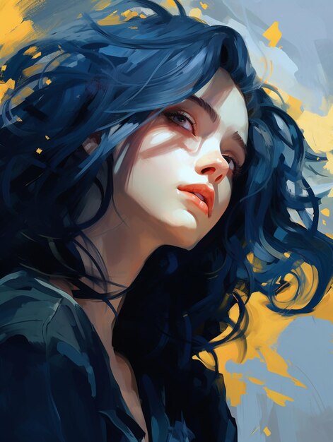 peinture d'une femme aux cheveux bleus et un haut noir génératif ai
