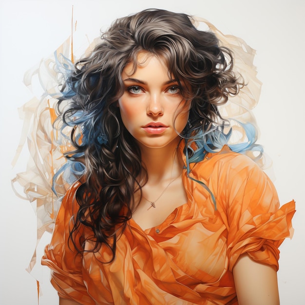 Peinture d'une femme aux cheveux bleus et robe orange ai générative