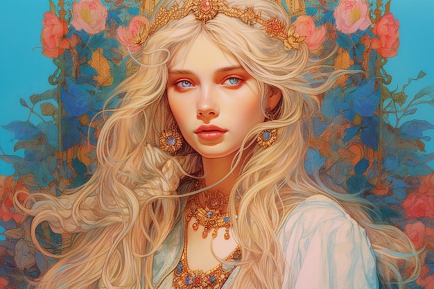 Une peinture d'une femme aux cheveux blonds et un collier avec des roses dessus.