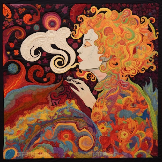 Peinture d'une femme aux cheveux bouclés soufflant une cigarette ai générative