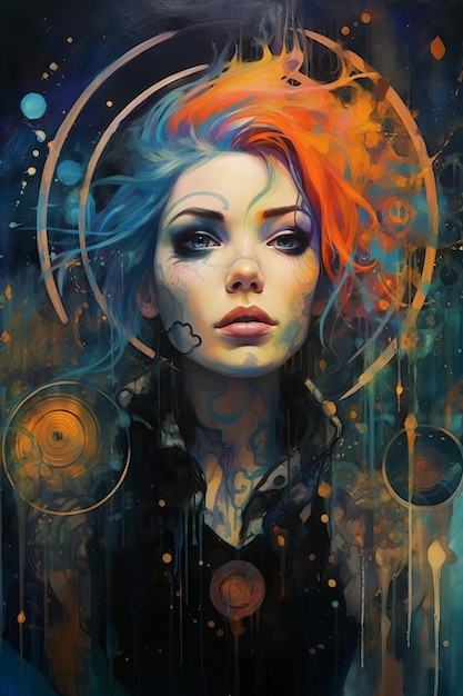 Une peinture d'une femme aux cheveux colorés et un arc-en-ciel sur la tête