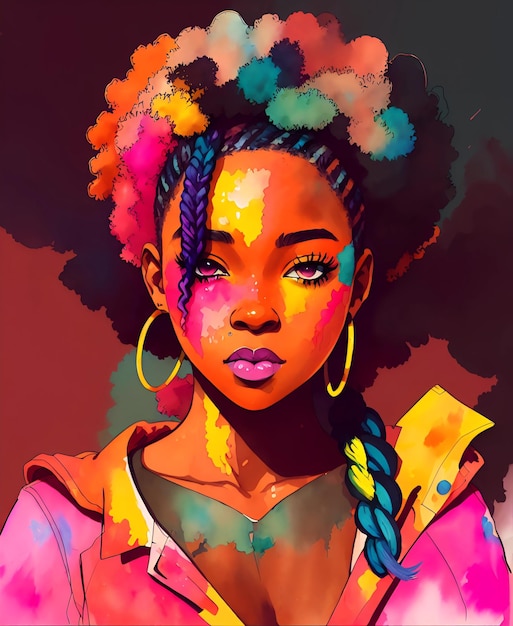 Une peinture d'une femme aux cheveux colorés et une veste rose qui dit " fille noire ".