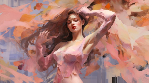 Une peinture d'une femme aux cheveux longs et une chemise rose.