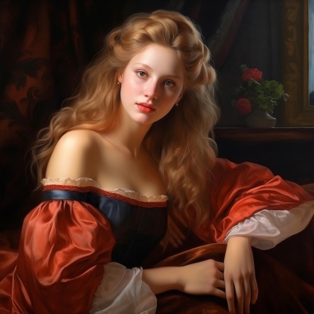 Une peinture d'une femme aux cheveux longs et à la robe rouge