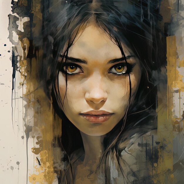 une peinture d'une femme aux cheveux noirs et aux yeux jaunes et bruns
