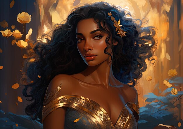 une peinture d'une femme aux cheveux noirs et une fleur d'or dans ses cheveux