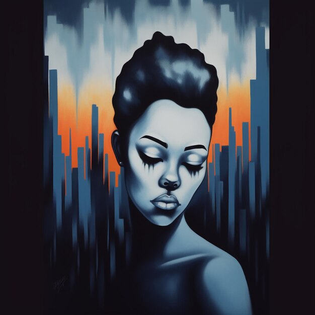 peinture d'une femme aux cheveux noirs et une horizon de la ville en arrière-plan