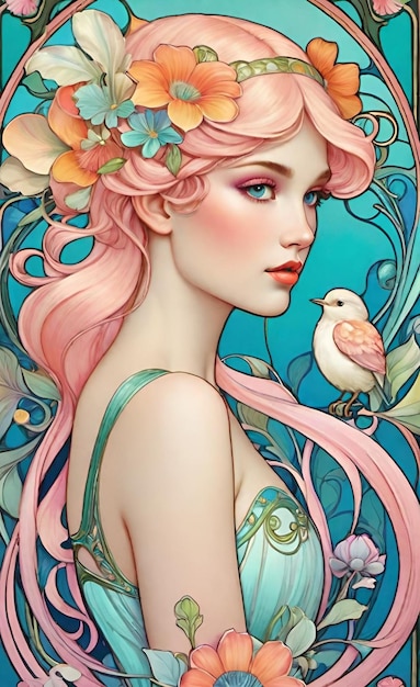une peinture d'une femme aux cheveux roses et d'un oiseau