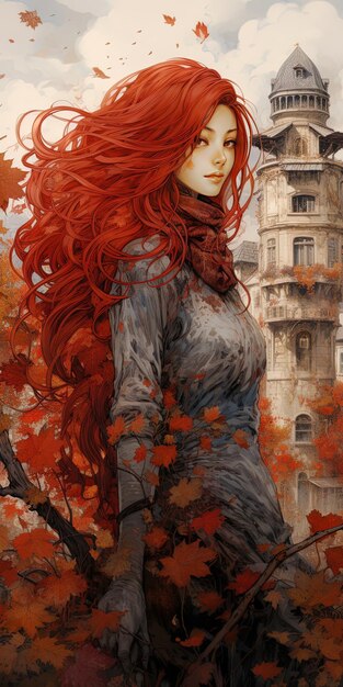 Photo une peinture d'une femme aux cheveux rouges et une robe noire avec des cheveux rouges
