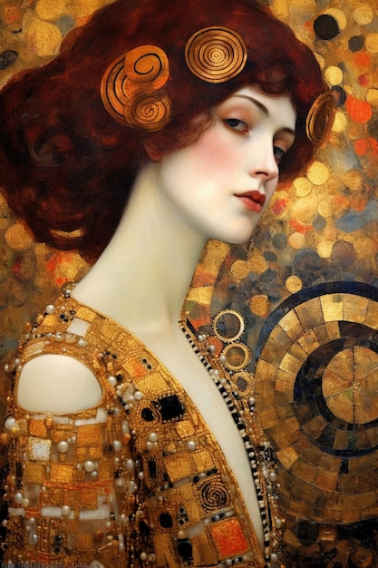 peinture d'une femme aux cheveux roux et aux bijoux en or