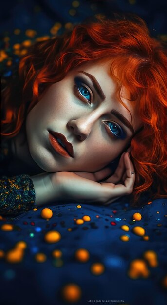 Une peinture d'une femme aux cheveux roux et aux yeux bleus