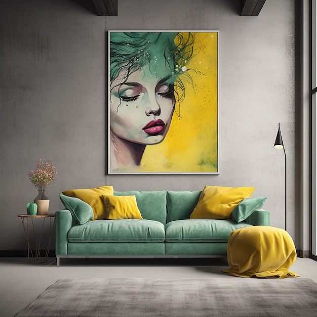 Une peinture d'une femme aux cheveux verts est accrochée au mur d'un salon.
