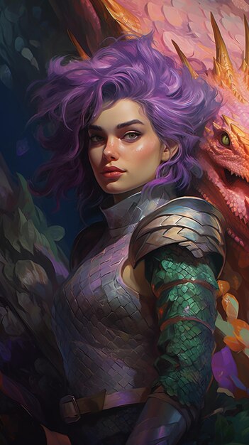 Photo une peinture d'une femme aux cheveux violets et d'un dragon