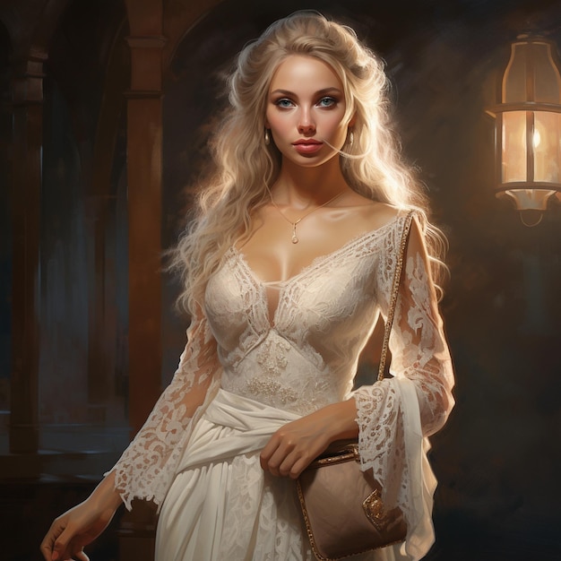 une peinture d'une femme aux longs cheveux blonds et une robe blanche avec une dentelle blanche sur le devant.