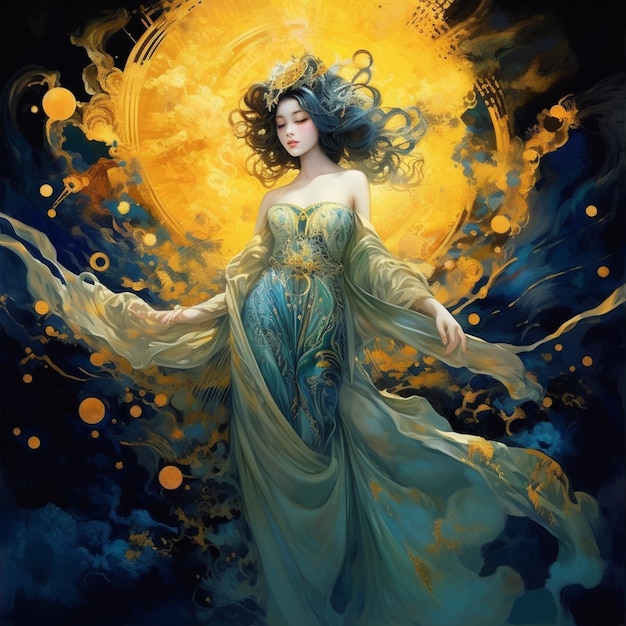 Une peinture d'une femme aux longs cheveux bouclés et un soleil doré en arrière-plan.