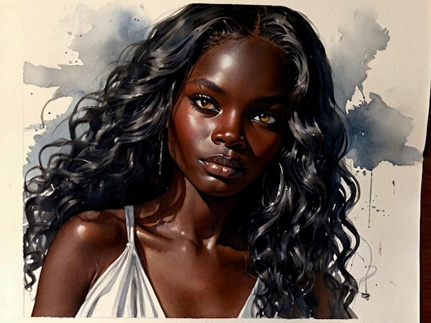 une peinture d'une femme aux longs cheveux noirs