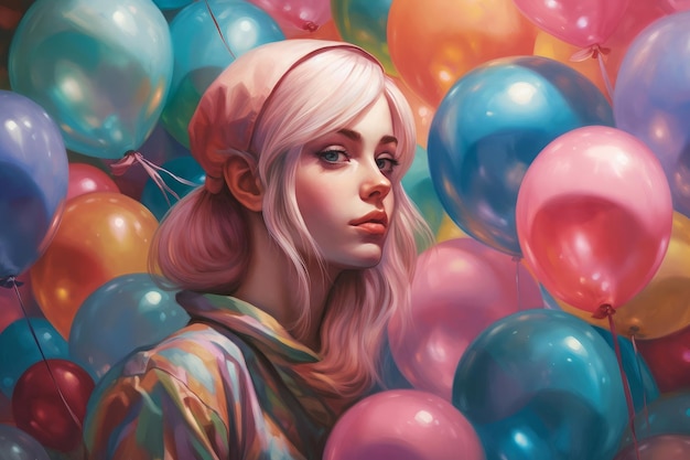 Une peinture d'une femme avec des ballons dessus