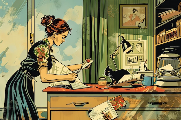 Photo une peinture d'une femme à un bureau avec un chat