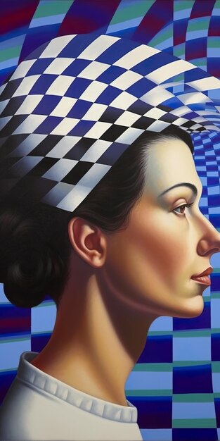 Une peinture d'une femme avec un chapeau à carreaux Image AI générative