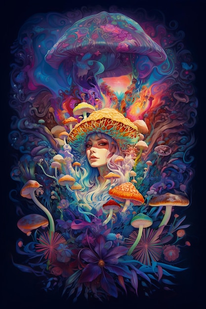 peinture d'une femme avec un chapeau de champignon et des fleurs générative ai