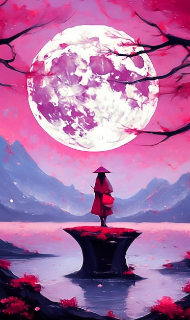 Une peinture d'une femme avec un chapeau et une lune rouge