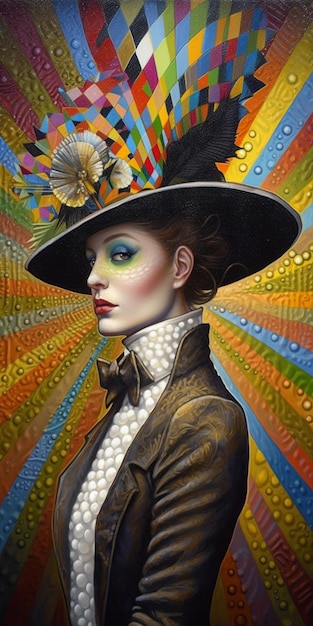 Une peinture d'une femme avec un chapeau et un papillon dessus.