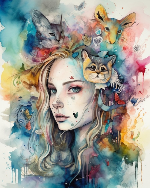 Une peinture d'une femme avec un chat sur la tête