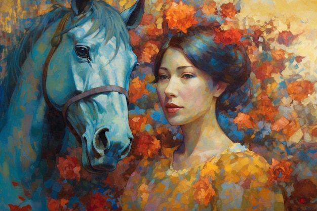 Une peinture d'une femme et d'un cheval avec des fleurs dessus.