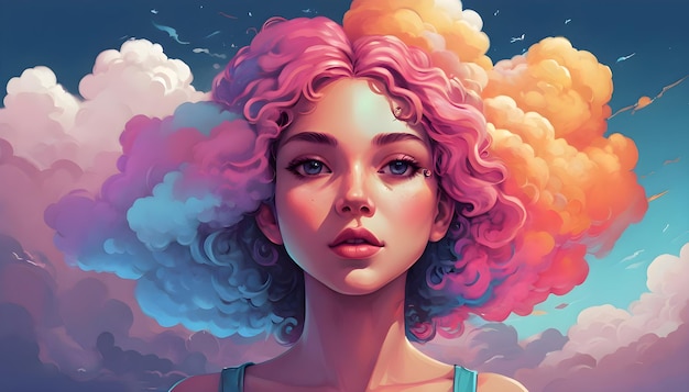 Photo une peinture d'une femme avec des cheveux roses et un fond de nuage