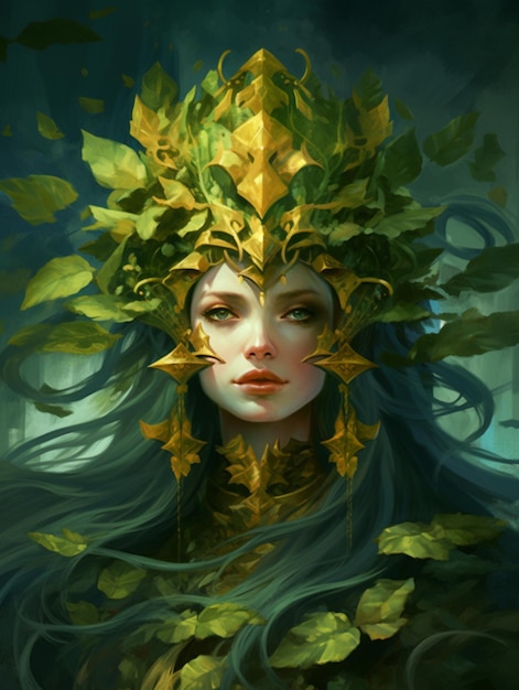 Peinture d'une femme avec une couronne de feuilles sur sa tête