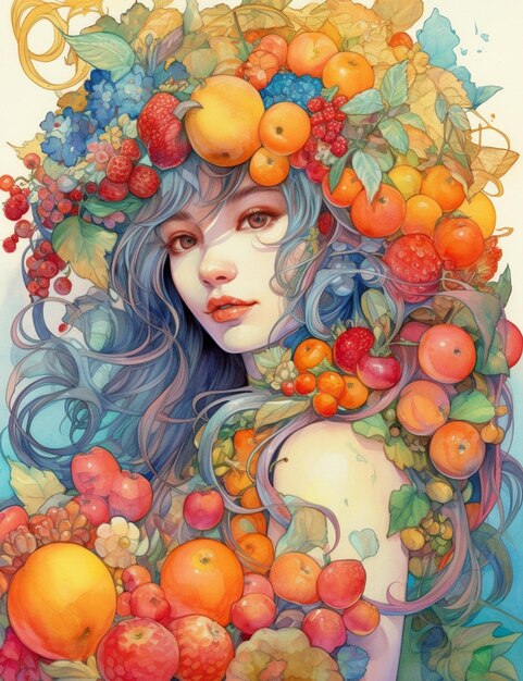 Une peinture d'une femme avec une couronne de fruits sur la tête.