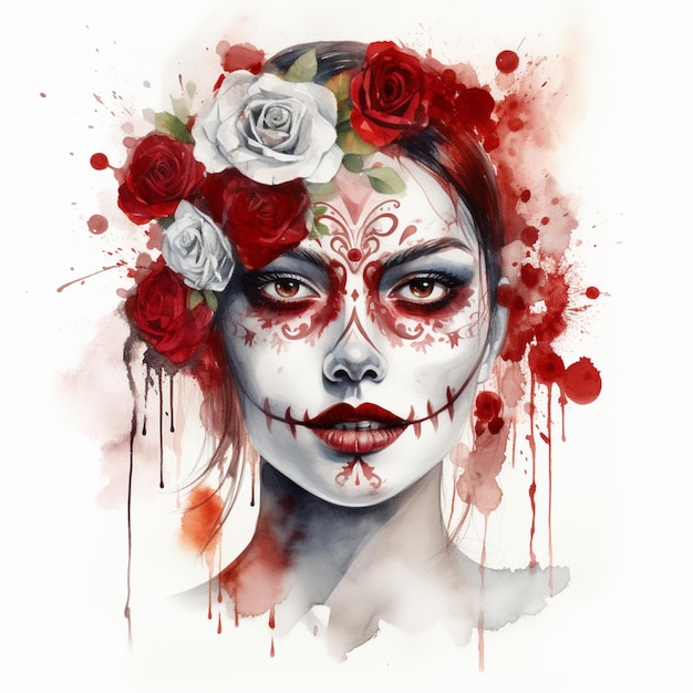 peinture d'une femme avec une couronne de roses et des roses dans les cheveux ai générative