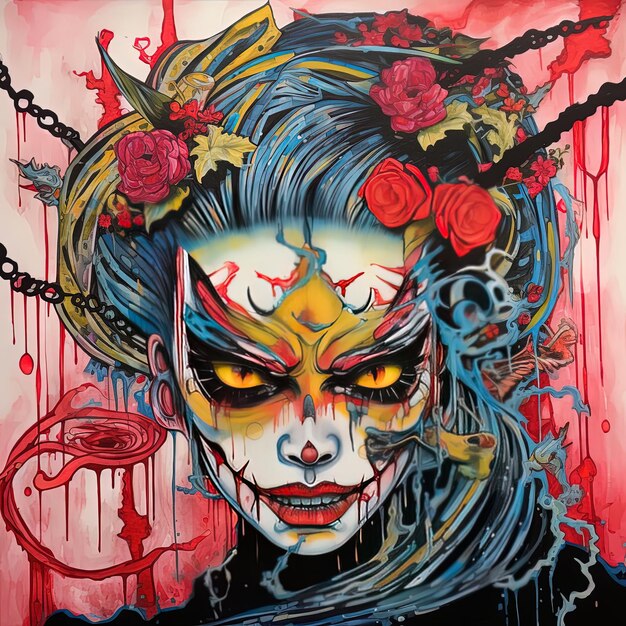 Photo une peinture d'une femme avec un crâne et des fleurs dessus