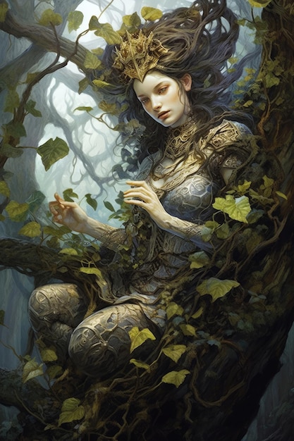 Une peinture d'une femme dans un arbre avec une couronne sur la tête.