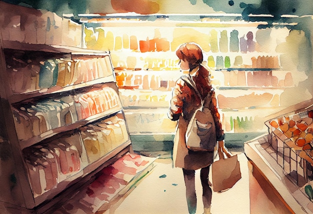 Peinture d'une femme dans une épicerie avec un sac ai génératif